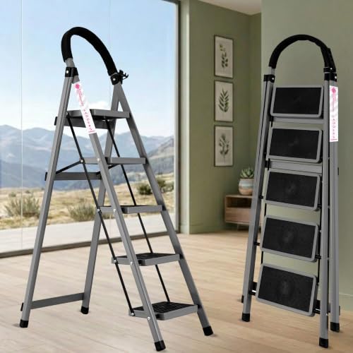 Image of Casa Copenhagen Grey 5 Step Ladder for Home Use with Built-in Tool Tray | Heavy Duty D Shape Rods | Ultra Large Platform | Wide Rubber Feet |150Kg Capacity Foldable Ladder - 7 Years Warranty