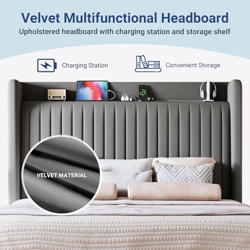 Image of Allewie King Size Platform Bed Frame with USB Charging Station and Storage Shelf /Upholstered Velvet Wingback Headboard /Wooden Slats Support /No Box Spring Needed /Easy Assembly, Grey