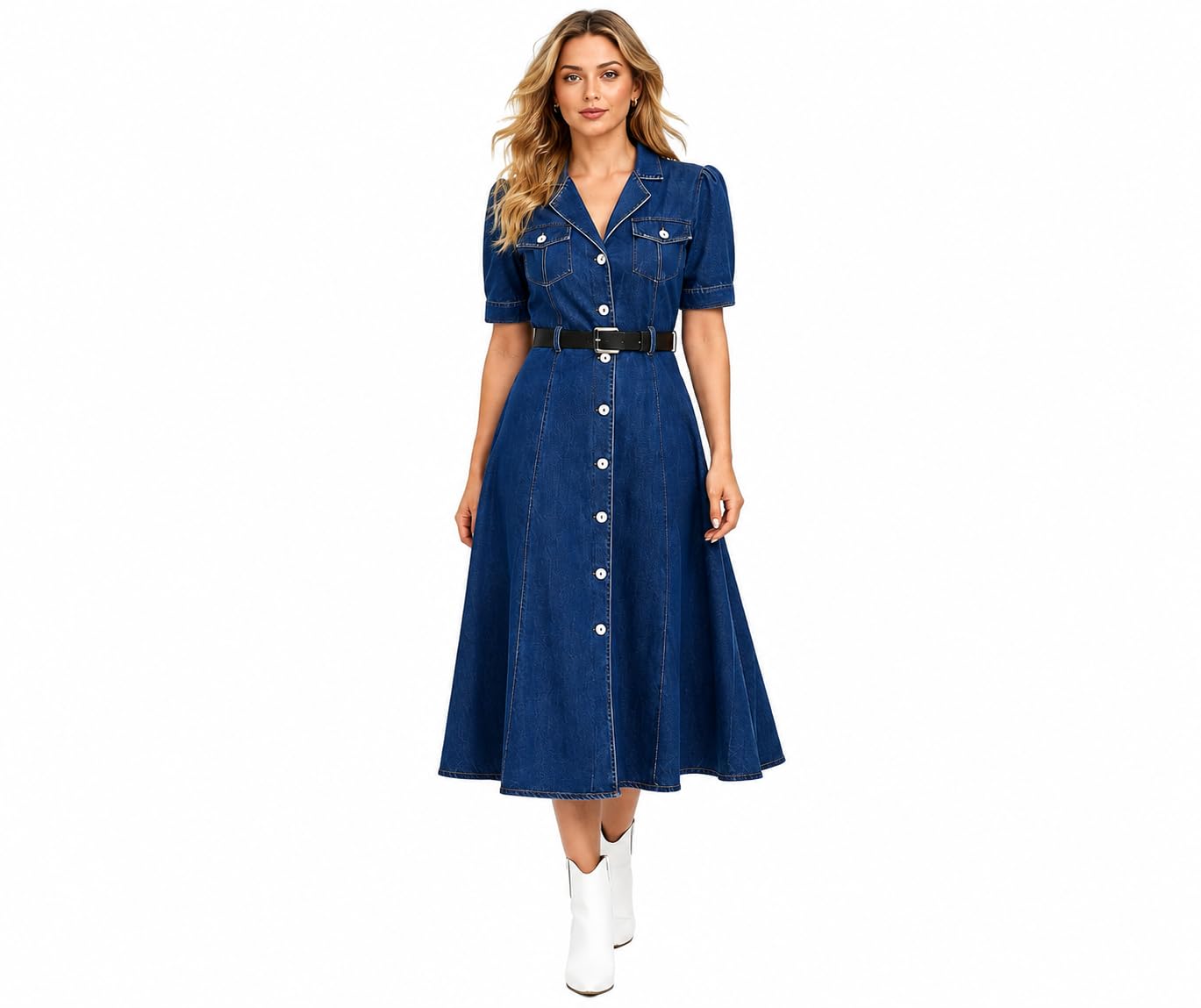 Women's A-Line Denim Dress | Half Sleeve Button-Down Midi Dress with Belt | Casual Western Shirt Dress-picture-34