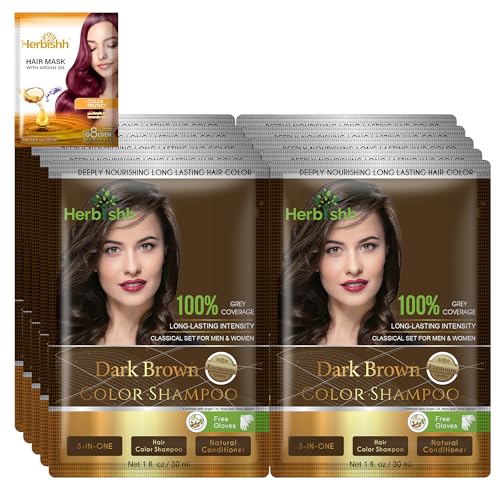 Herbishh Hair Color Shampoo For Gray Hair Hair Dye Shampoo With Argan Hair MaskTravel Size-Colors Hair In MinutesLong Lasting Colour10Pack+1PackAmmonia-Free (Dark Brown)