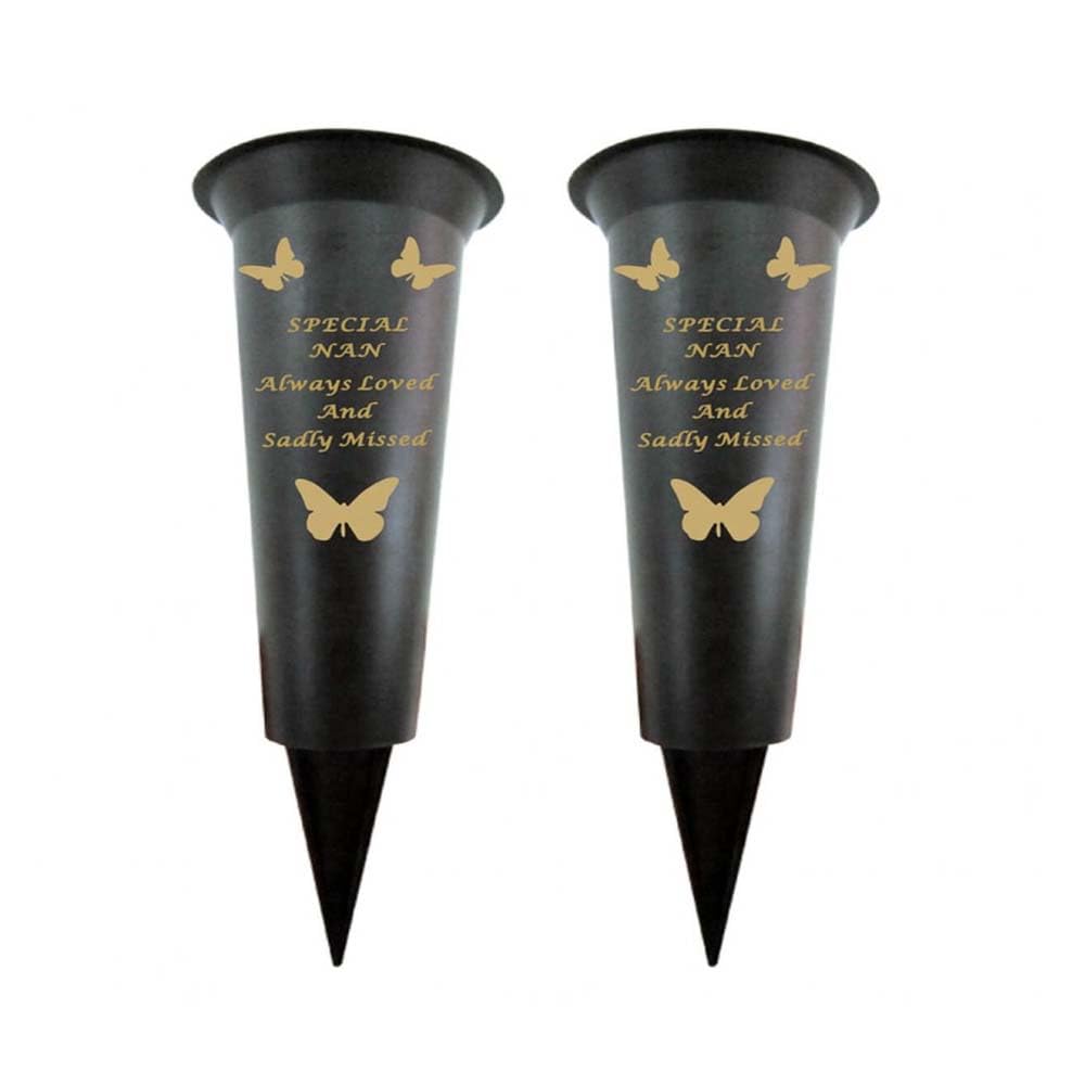 Memorial Grave Vases Ornaments Black Plastic Flower Holders - Butterfly Spike Grave Flower Vases with Funeral Verses for Your Loved Ones - Pack of 2 (Nan - Pack of 2)