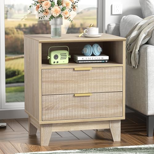 Yvsevnr Mesitas de Noche Roble con 2 Cajón, 1 Compartimento Abierto, Nórdica Mesa de Cabecera, Mesa Auxiliar con Patas de Madera Maciza para Dormitorio, Salón 50x40x60 cm