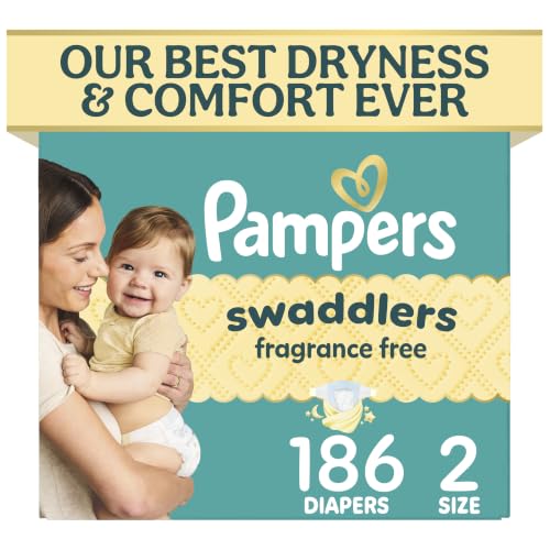 Pampers Swaddlers Diapers, Size 2 (10-22 lbs), 186 Count, Fragrance Free, Hypoallergenic, Absorbent, Pediatrician Recommended, Skin Safe