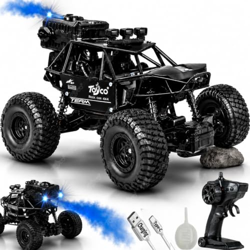 Image of toyco Rechargeable Remote Control Car Toy - Alloy Rock Crawler with LED Smoke Effect and Anti-Slip Tyres| 1:18 Scale | Off-Road RC 2WD Monster Truck Gift for Kids Boys and Girls Age 4-12+ (Black)