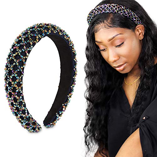 SERRITZY Padded Rhinestone Headbands, Sparkly Glitter, Beaded, Suede Lining, Dance Recital, Wedding, Prom, Work, Girls Fashion Hair Accessories, Comfortable, Iridescent Black, Jeweled, Women, Crystals