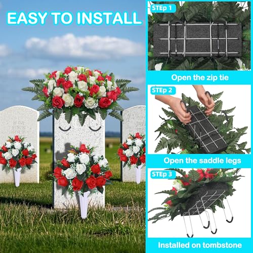 Artificial Cemetery Flower Saddles,Cemetery Memorial Flowers with Vase,Outdoor Grave Saddle Headstone Decorations, Artificial Rose Bouquet Grave Memorial Flowers 3Sets (Red) image 7