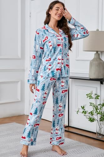 Image of LUBOT Christmas Pajamas for Women 100% Cotton Pajama 2 Piece PJ Set Soft Long Sleeve Button Xmas Print Loungewear XS-XXL