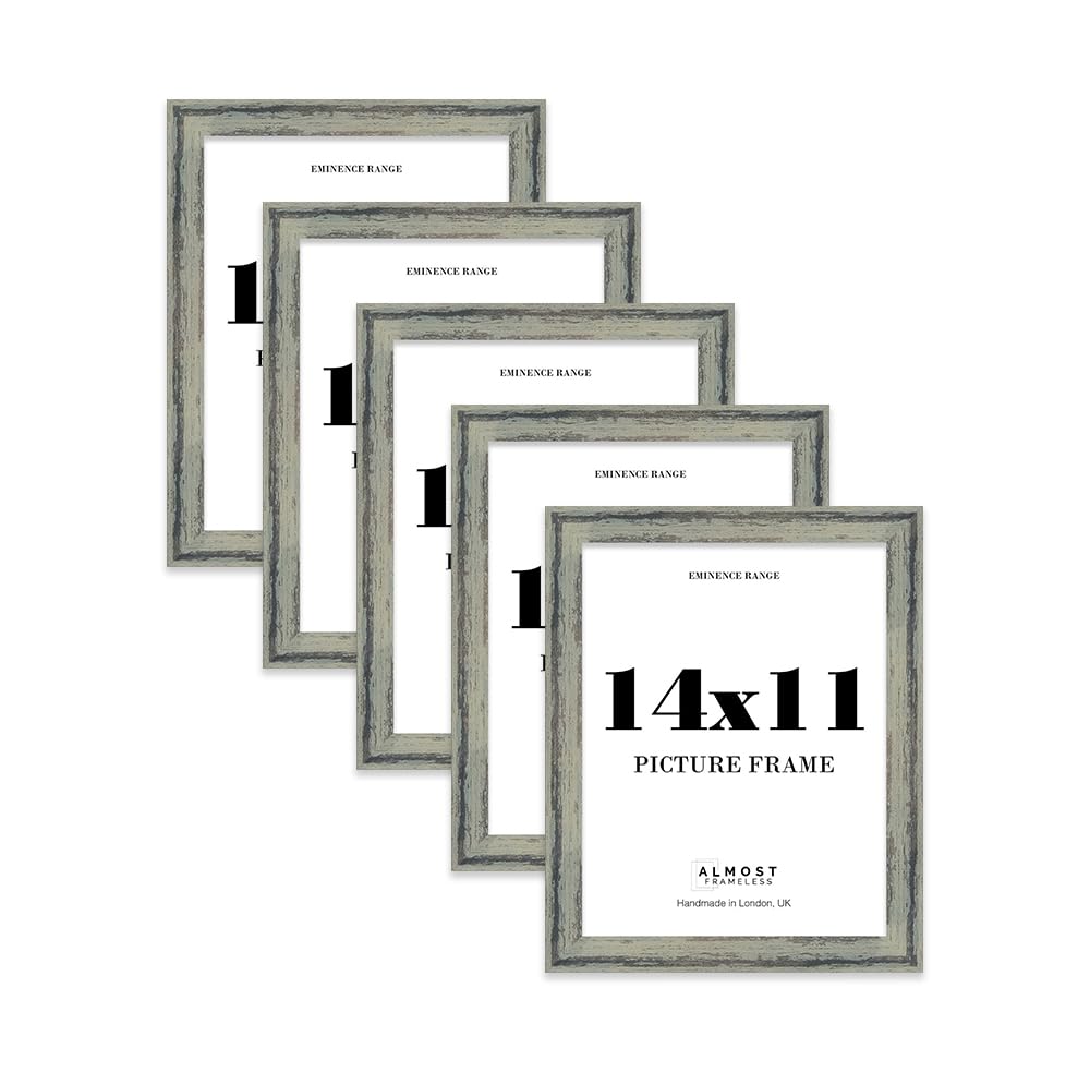 14x11" Distressed Green Picture Frame - Rustic Wood Industrial Effect Photo Frame for Wall Display, Ideal for Posters, Prints & Home Décor, Wall Hooks and Kickstand, 32mm Edge - 5 Pack