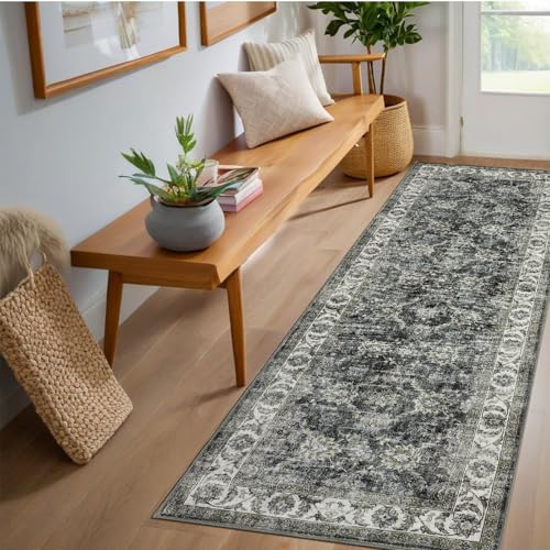 GarveeHome Washable Runner Rug 2x6 Vintage Carpet Runner with Non Slip Backing Foldable Non Shedding Retro Accent Rug Low Pile Distressed Throw Rug for Hallway Office Bedroom, Grey