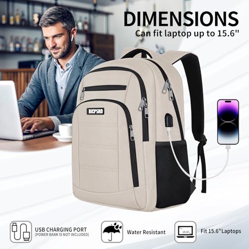 Beige Backpack for Women, School Backpack for Girls Teens Boys, Work Business Backpack with USB Charging Port,Water Resistant College Computer Bookbag Fits 15.6 Inch Laptop,Back Pack,Mochilas - Image 6