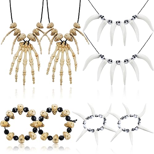 Tigeen 8 Pcs Voodoo Priestess Costume Accessories Witch Doctor Costume Bone Skeleton Necklace Teeth Necklace Skeleton Head Hand Bone Charm Cosplay Halloween Jewelry for Women Men