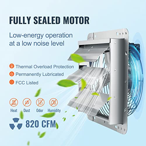 Image of VEVOR 10'' Shutter Exhaust Fan, High-speed 820 CFM, Aluminum Wall Mount Attic Fan with AC-motor, Ventilation and Cooling for Greenhouses, Garages, Sheds, Shops, FCC