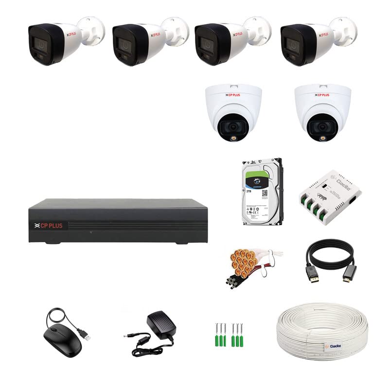 Image of CP Plus 8CH DVR + 2.4MP (Guard+) Audio Recording 2 Dome & 4 Bullet Cameras with 24 /7 Colorful Imaging (Day /Night Color Vision) + 2TB HDD + Copper Cable Roll (1+3) + 8CH SMPS + BNC & DC
