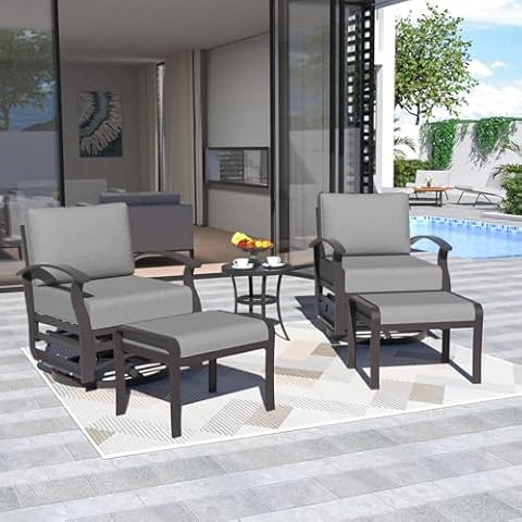 ALAUML 5 Piece Outdoor Aluminum Swivel Chairs High Back Metal Swivel Rocking Chairs with 5.1" Sponge Cushions, 2 Footstools and 1 Coffee Table for Patio, Porch, Backyards, Garden(Grey) Cover