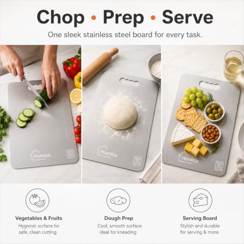 Image of Steel Chopping Board for Kitchen | Heavy-Duty Stainless Steel Kitchen Cutting Board | for Vegetables, Fruits, Meat & Fish | Anti-Skid, Food Safe & Rust Resistant Size 31 * 21 CM