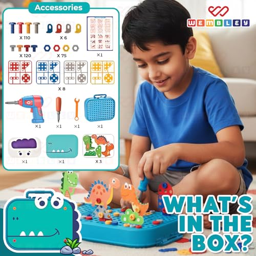 Image of Wembley Electric Drill Screw Puzzle Set| Creative Dinosaur Themed Art Puzzle for Kids| 351 Pieces with Electric Screwdriver| 2D & 3D Building Block Kit| STEM Educational Activity Set for Boys & Girls