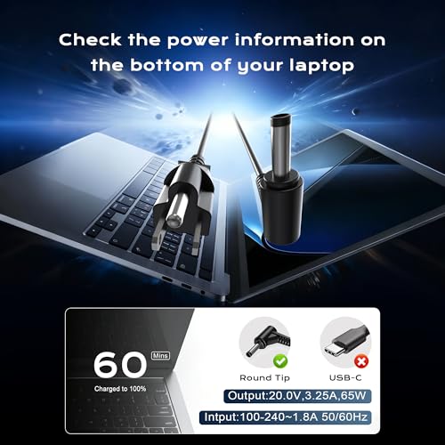 Image of SLE-TECH 65W Laptop Charger for Lenovo IdeaPad Yoga Flex 4.0x1.7mm Tip Cord | Compatible with Lenovo IdeaPad 1 /1i /3 /3i /5 /5i, 110 /110S /310 /320 /330 /330S /510 /520 /530S /710S; 20V 3.25A with Power Cord(Oblong)