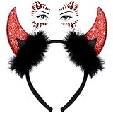 U-Zomir Devil Horns Headband with Face Jewels, Furry Red Devil Horns Devil Costume for Women Men Girls Halloween Devil Costume Accessories Fancy Dress Cosplay Hairband