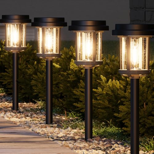 XMCOSY+ Solar Pathway Lights Outdoor, 20 LM LED Solar Garden Lights Seeded Glass, Waterproof IP65 Metal Outdoor Solar Lights for Yard Path Lawn Walkway Driveway Backyard (Black & Grey) Blac