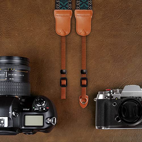 Image of Padwa Lifestyle Mystic Green Embroidered Camera Strap - Double Layer Cowhide Ends,2 inch Cotton Vintage Camera Straps, Adjustable Neck & Shoulder Strap for All DSLR Cameras,Great Gift for Photographers