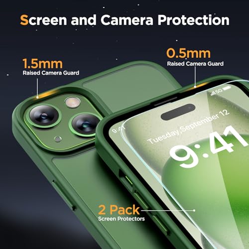 Image of Miracase Magnetic for iPhone 15 Case (Compatible with MagSafe)(with 2X Screen Protectors) Military-Grade Protection, Anti-Fingerprint Translucent Matte Phone Cover for iPhone 15 6.1 inch, Dark Green
