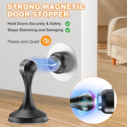 Image of Crosize Magnetic Door Stoppers 1 Pack, Stainless Steel Door Stops for Wall and Floor Mounting, Gate Stops, No Drilling Metal Doorstops with Adhesive Tapes, Black