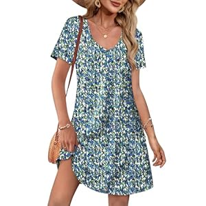 OFEEFAN Summer Dresses for Women 2025 Loose V Neck Short Sleeve Casual T Shirt Dress Sundresses Swimsuit Coverup with Pockets