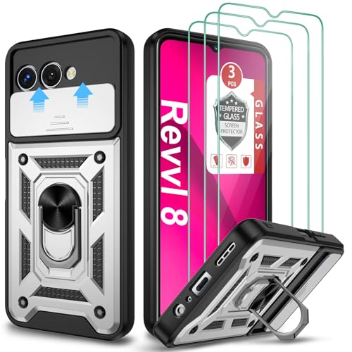 Case for T-Mobile TCL Revvl 8, with 3 Pcs Tempered Glass Screen Protector, Built-in Ring Kickstand and Magnetic Car Mount Shockproof Dropproof Defend Armor Rugged Case for T-Mobile Revvl 8 - Silver