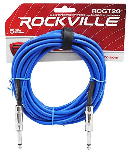 Rockville RCGT20BL Instrument Cable, 20 Ft, Blue, 1/4'' TS to 1/4'' TS, 100% Copper, Shielded, Perfect for Guitar, Live Performances, and Studio Use