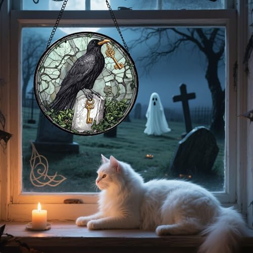 Image of Stained Glass Window Hanging - Halloween Crow Holding A Key Suncatcher for Doors Garden Home Spooky Green Vines Sun Catchers Gothic Decor Horror Gift for Women Men Friend Boy Girl 15 in