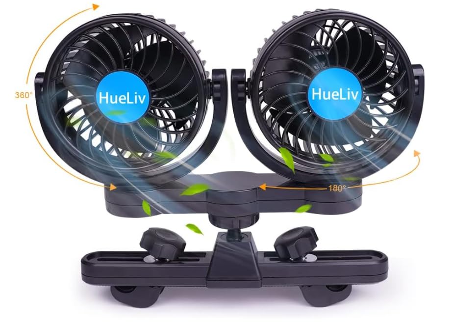 12V Auto Ventilator, 360° Drehbarer 4' Doppelkopf Lüfter mit 2 Geschwindigkeiten, Leise Elektrischer Lüfter für LKWs, Boote, SUVs, Wohnmobile –...