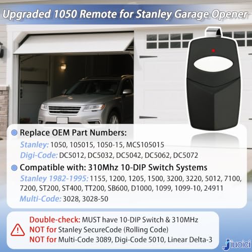 Image of 1PK Upgraded 1050 Remote for Stanley 310MHz 10-DIP Garage Door Gate Opener | Fits 1982-1995 Stanley 310MHz 10 DIP /Digit Opener, Replace 105015, More Stable & Secure, 150FT Long Range, Easy to Program