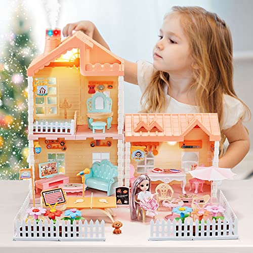 Oenux Dollhouse For Girls, Small Doll House 4-5 Year Old With Pretend Play Furniture,Lights And Flower Garden Building Toy, Princess Castle Dollhouses For Toddler Kids Indoor #TOP7