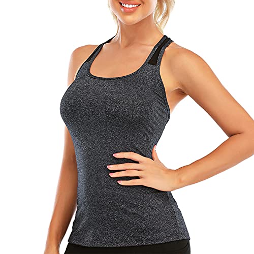 Image of Women's Padded Sports Bra Removable Strappy Longline Yoga Tank Top Workout Crop Criss Cross Back Fitness Top, Light Grey No Bra, X-Large