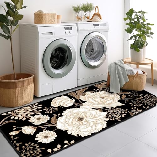 Image of Rugcomf Runner Rug for Hallways Kitchen Rug Non Slip 22 * 45 cm Washable Rugs with Rubber Backing Soft Floral Carpet Runner for Hallways, Kitchen, Laundry, Bedroom, Bathroom(Golden Black)
