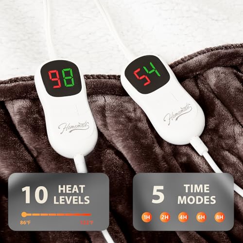 Image of Homemate Electric Heated Blanket Queen - 84 inchx90 inch Heating Bed Blankets Throw with 10 Heating Levels 8 Hours Auto Off Fast Heating Over-Heated Protection Ultra Soft Warm Flannel ETL Certified Brown