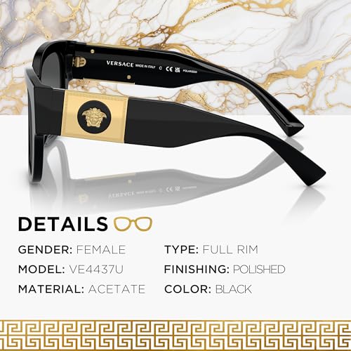 Versace VE4437U 54mm Polarized Pillow Sunglasses for Women – Black Acetate Frame with Black Temples, 100% UV Protection, Lightweight & Comfortable Sunglasses, eShades Eyewear Kit Included2