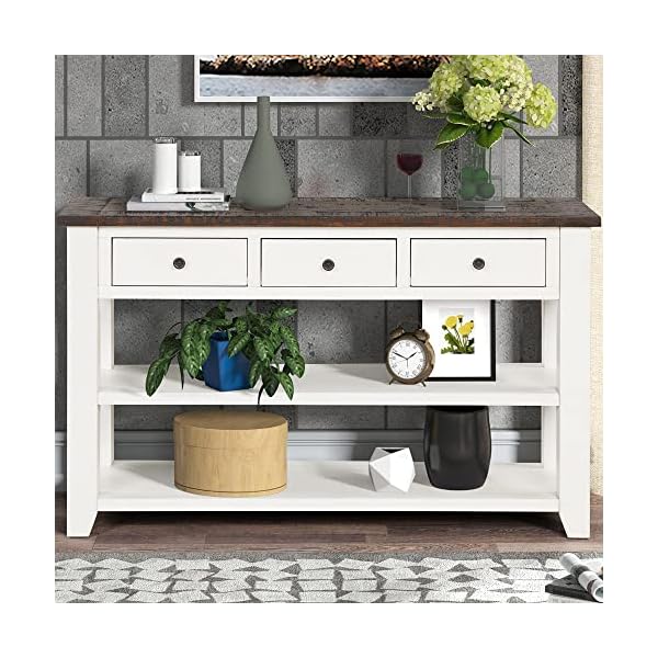 LUMISOL Farmhouse Wood Console Table with Drawers Sofa Tables for Living Room with 3 Storage Drawers and 2 Shelves, Narrow Console Table with Drawers, White+ Brown Top