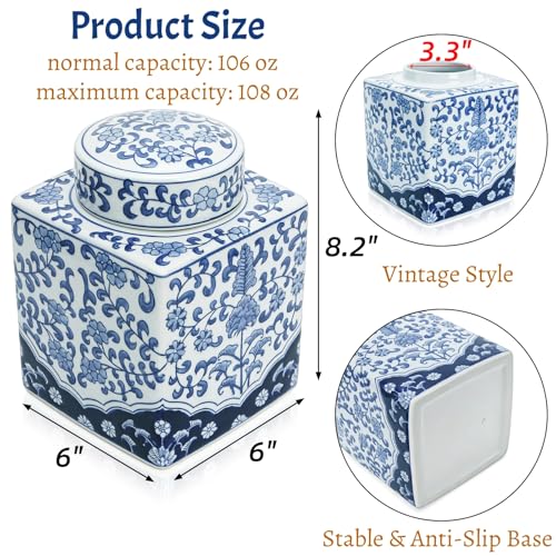 Image of Goaste Square Ceramic Ginger Jar with Lid, 8.2 Inch Blue and White Ginger Jars Decorative, Chinoiserie Porcelain Flower Vase, Handmade Large Floral Canister for Home Decor, Office, Table Centerpieces