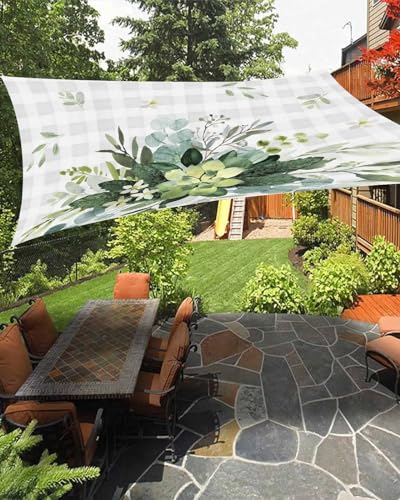 Boanket Sun Shade Sail 6.5' x 10', Eucalyptus Leaves UV Block Sun Sails Shades, Gray Plaid Spring Floral Summer Botanical Shade Cloth for Patio Deck Garden Lawns Beach Backyard