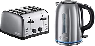 Russell Hobbs 28364 Stainless Steel Toaster, 4 Slice with Variable Browning Settings and Removable Crumb Trays, Grey & 20460 Quiet Boil Kettle, Brushed Stainless Steel, 3000W, 1.7 Litres