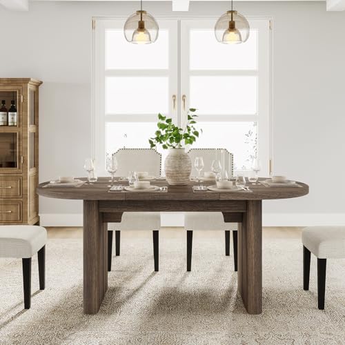 Image of GarveeHome Oval Dining Table for 6-8 People, Long Large Kitchen Table with Thick Sturdy Wooden Base, Farmhouse Dining Room Table for for Kitchen, Living Room, Office (63 inch Long,Brown)