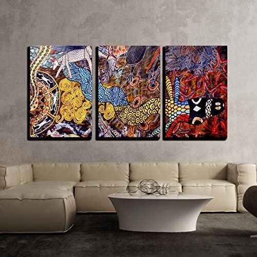 wall26 - 3 Piece Canvas Wall Art - Indigenous Australian Art Dot Painting - Modern Home Art Stretched and Framed Ready to Hang - 16"x24"x3 Panels