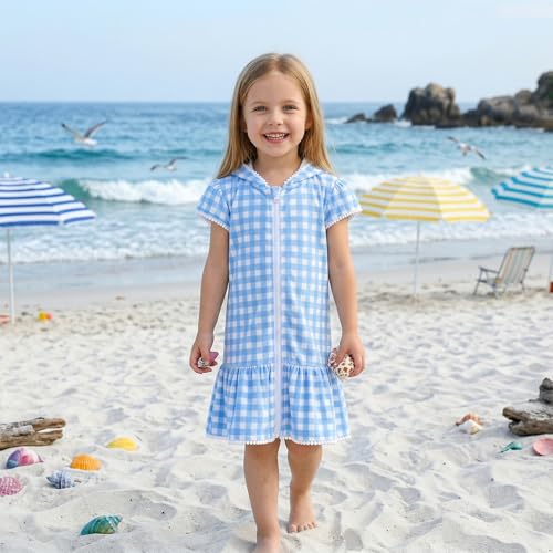 Image of Girls Hooded Terry Coverups One Piece Swimsuits Beach Stripe Trim Zip Up Fly Sleeve Swim Cover Up Swimwear