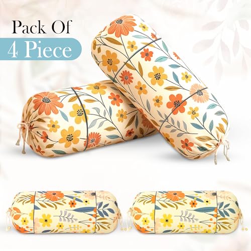 Image of GLUN Pack of 4 Multicolour Flower Printed Round Bolster Pillow Covers, Size 16 inch x 30 inch (40 x 75 cm, Cream) Printed Polyester Silk Fabric for Living Room or Bedroom, Stylish & Modern Covers