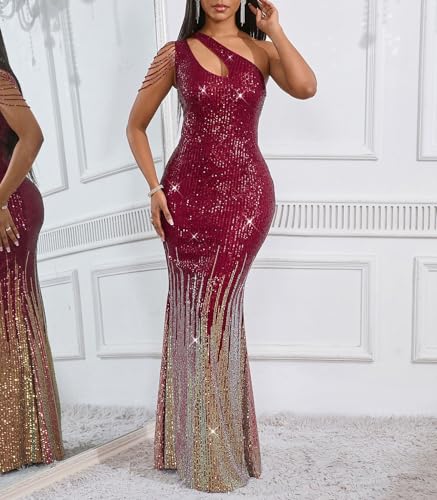 Image of Cololura Women Sequin Elegant Sexy One Shoulder Tassel Mermaid Bodycon Cocktail Evening Dress