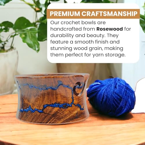 Image of Handmade Wooden Yarn Bowl - Premium Yarn Bowls for Crocheting & Knitting - Handcrafted Wooden Crochet Bowl - Yarn Holder for Tangle-Free Yarn Control (Curved Blue 7x4 Inch Rosewood)
