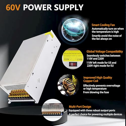 60V Power Converter Supply 110V to 60V Converter AC to DC Converter 110V to 60V SMPS 60V 20A 1200W AC DC Power Adapter 60V Transformer Designed for LED Car Devices and CCTV (60V, 60V-20A-1200W)3