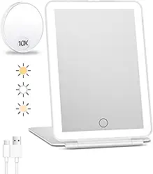 FUNTOUCH Espelho de maquiagem de viagem recarregável com luzes e espelho de aumento de 10x, espelho de maquiagem portátil iluminado com 80 LEDs, bateria de 2000 mAh, iluminação de 3 cores,