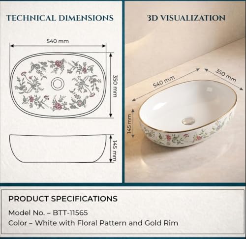 Image of BASSINO 21x14x6 Inches Ceramic Table Top Wash Basin /Designer Bathroom Sink /Luxury Countertop Vessel Basin /Oval Above Counter Basin /Wash Basin for Bathroom /Dining Hall(Glossy White Floral Print)